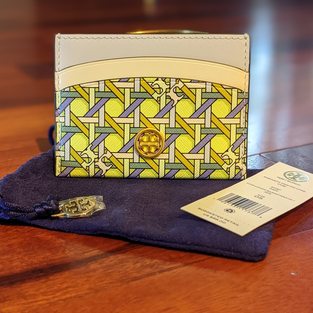 Tory Burch Robinson Acid Lemon Basket Weave Card Holder + Dust Bag Nwt❤️